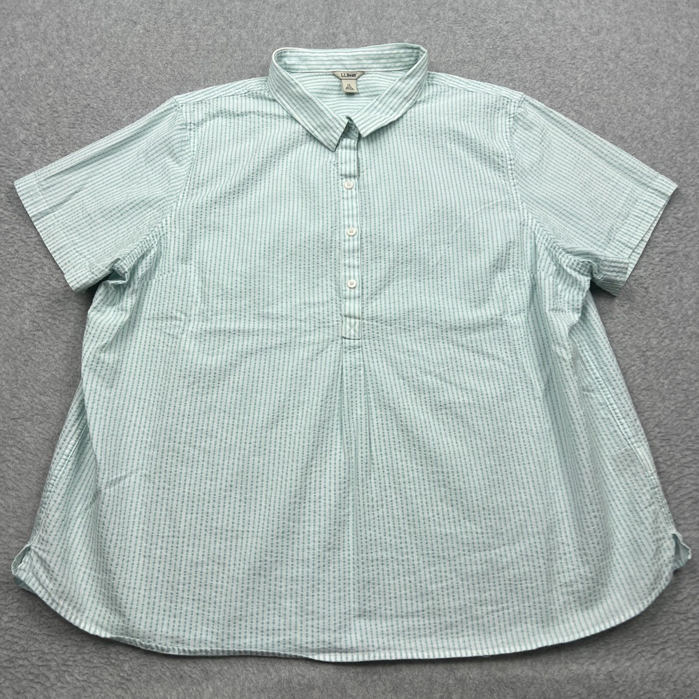 LL Bean Vacationland Seersucker Shirt Womens 1X Teal Stripe Short Sleeve Popover